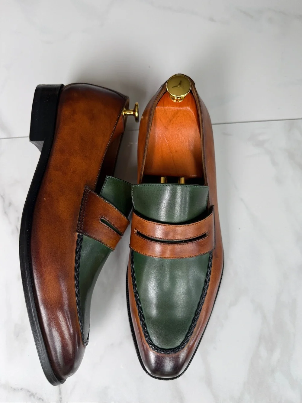 Men's Green and Brown Leather Penny Loafers